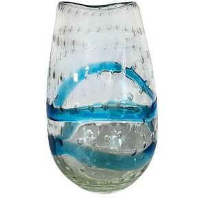 Art Glass Vase Swirl Blue Bubbles Heavy Hand Blown Decorative Accent